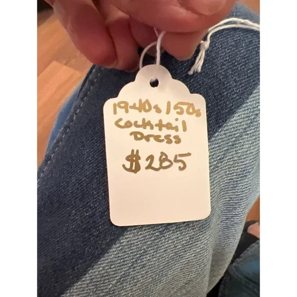 1940/50 Champaign Taffetta Cocktail Dress, Flocked W/ Velvet/Glitter Lace Trim S - Picture 12 of 12